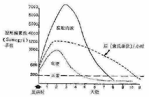 各种体液内淀粉酶值，在血清淀粉酶恢复正常时，尿淀粉酶仍高